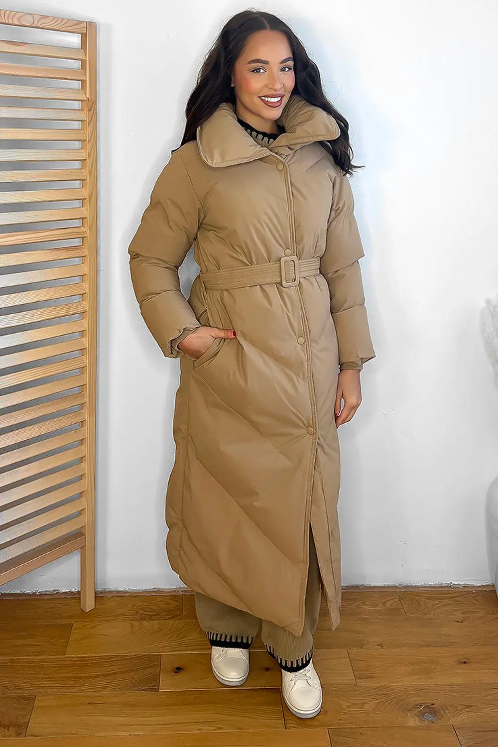 High Neck Belted Midi Puffer Jacket