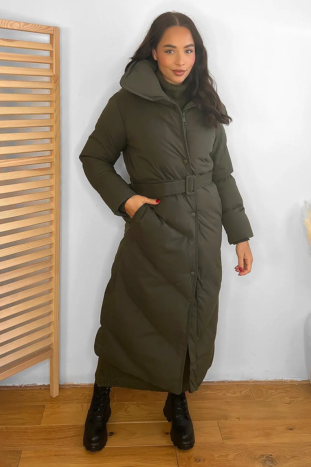 High Neck Belted Midi Puffer Jacket