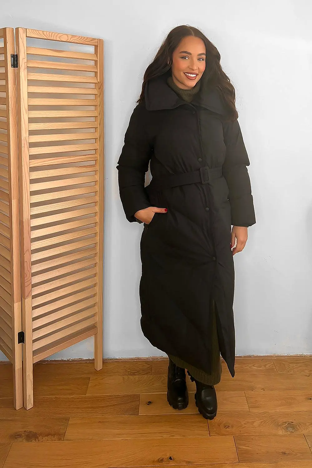 High Neck Belted Midi Puffer Jacket