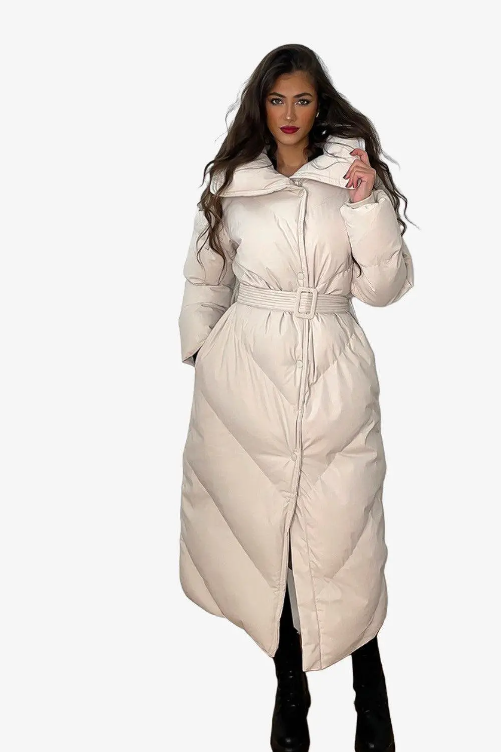 High Neck Belted Midi Puffer Jacket