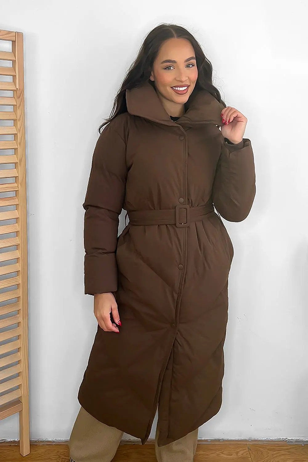 High Neck Belted Midi Puffer Jacket