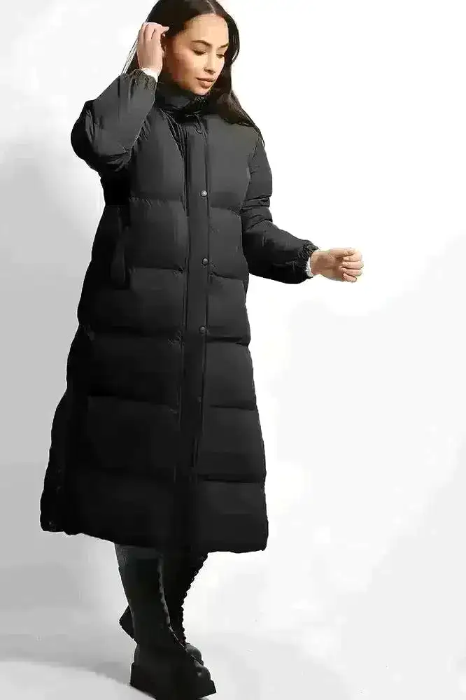 High Neck Quilted Opening Sides Midi Puffer Parker Jacket