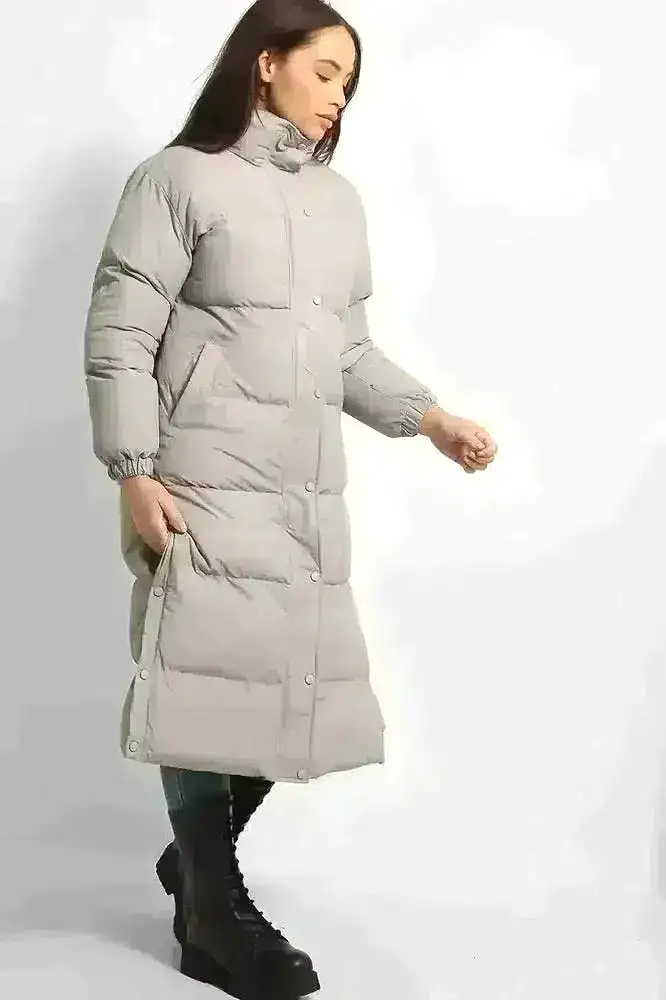 High Neck Quilted Opening Sides Midi Puffer Parker Jacket