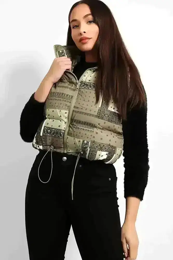 Khaki Paisley Print Cropped Puffer Gilet