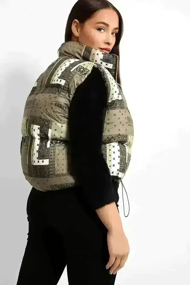 Khaki Paisley Print Cropped Puffer Gilet