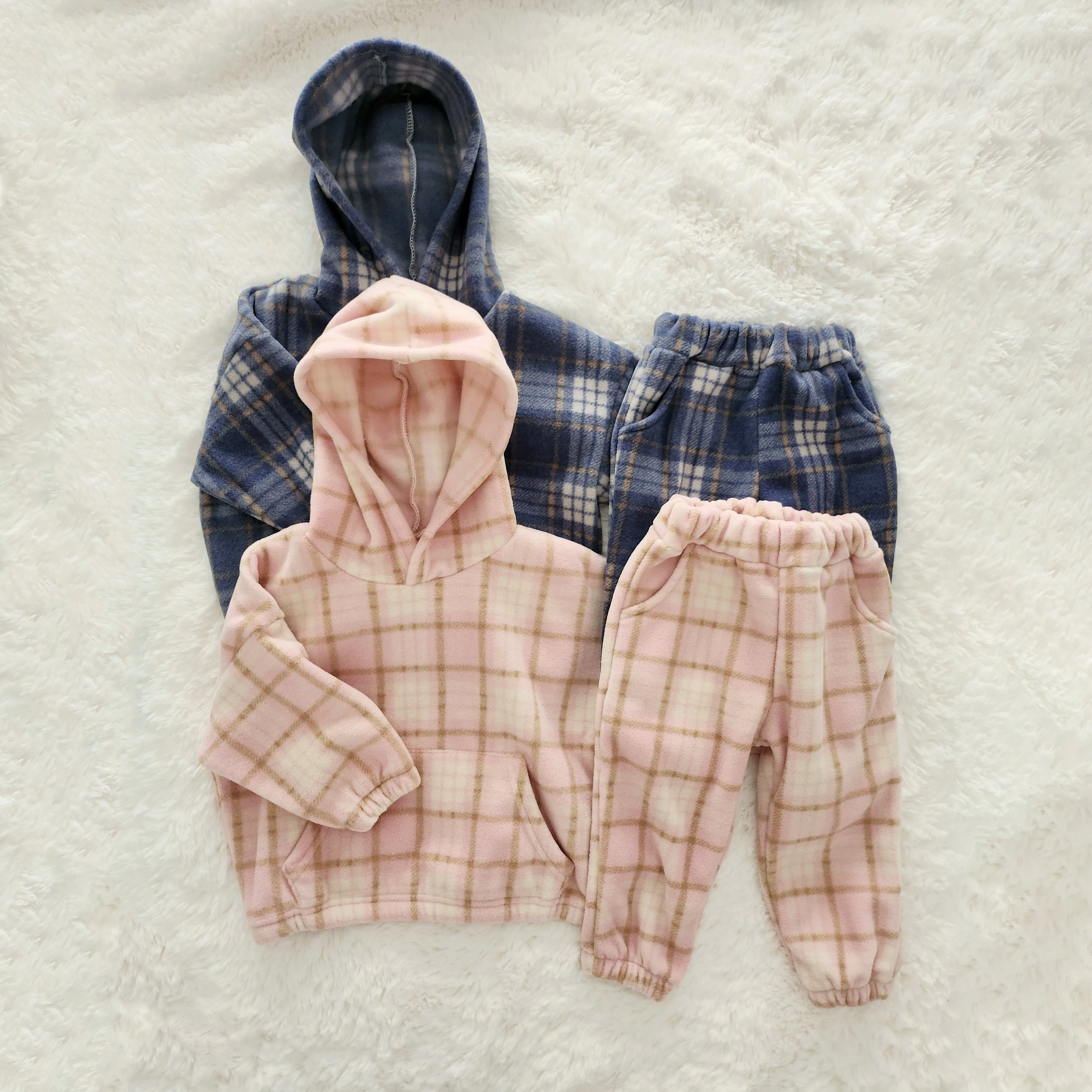 Kids Plaid Fleece Hoodie and Pants Set (2-6yr) - 2 Colors