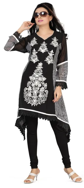 Long India Tunic Top Womens Kurti Embroidered Georgette Indian Clothing (Black)