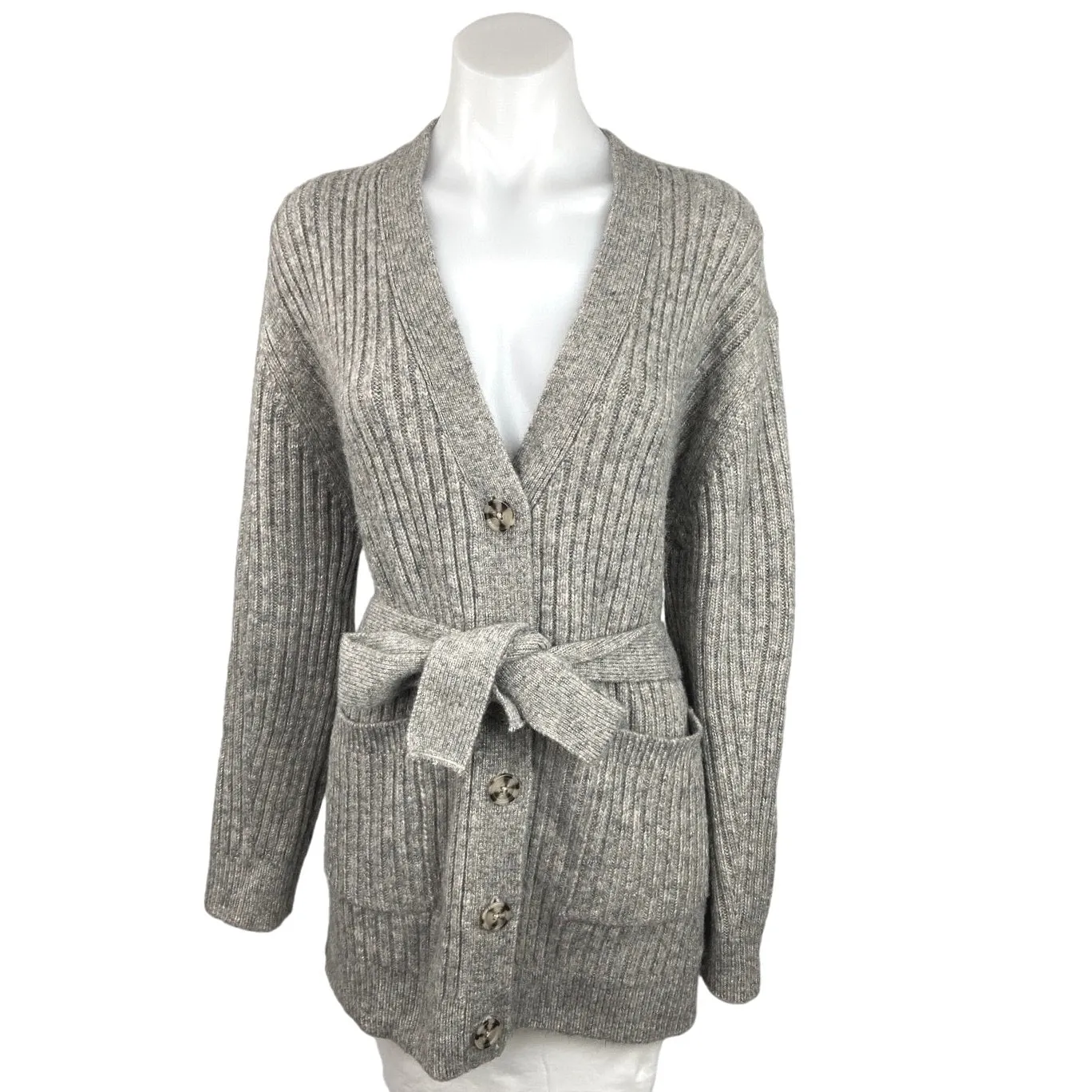 Mango Gray Tie Waist Button Front Ribbed V-neck Long Sleeve Cardigan Sweater L