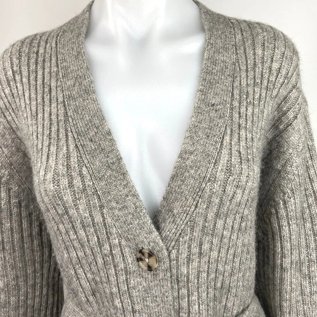 Mango Gray Tie Waist Button Front Ribbed V-neck Long Sleeve Cardigan Sweater L