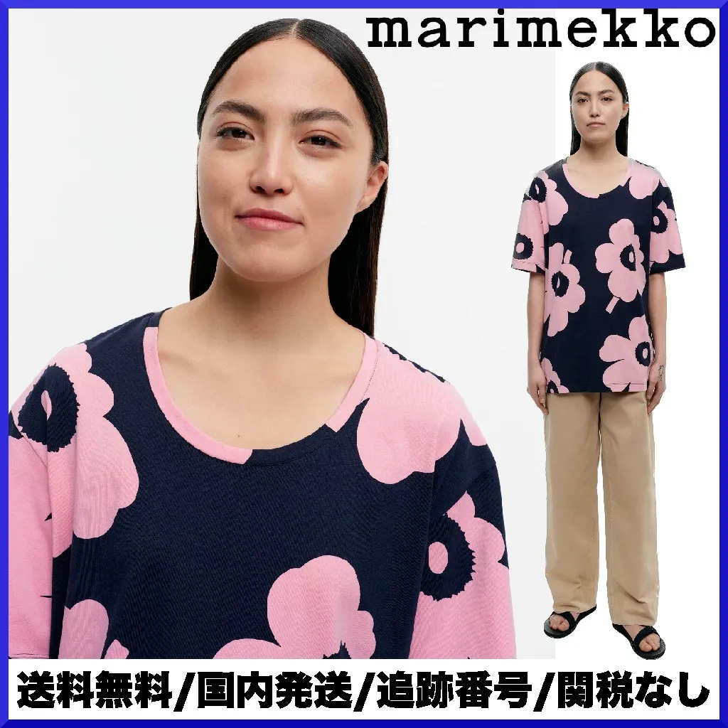 marimekko  |Crew Neck Flower Patterns Cotton Medium Short Sleeves Tunics