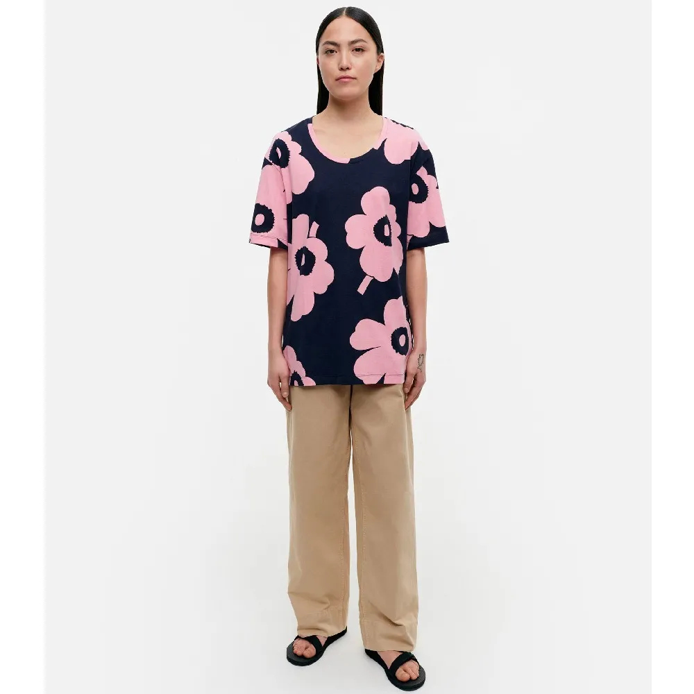 marimekko  |Crew Neck Flower Patterns Cotton Medium Short Sleeves Tunics