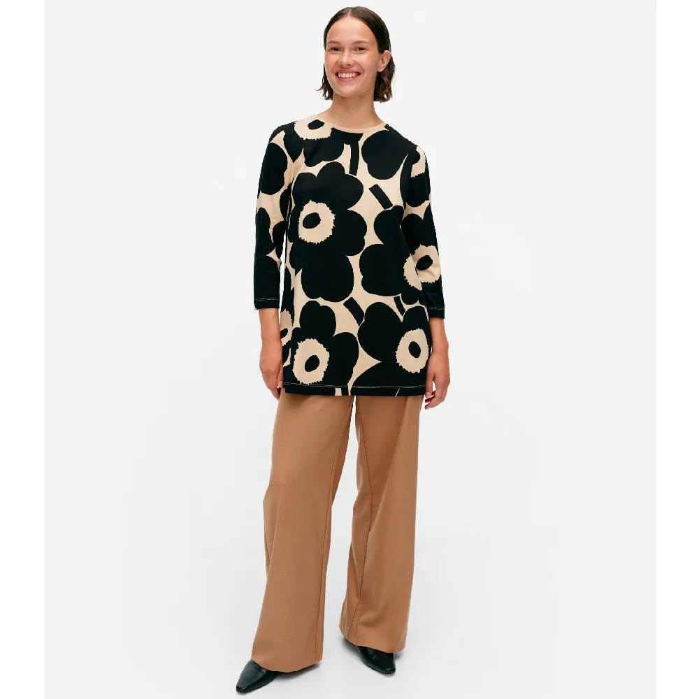 marimekko  |Crew Neck Flower Patterns Rib Cropped Cotton Tunics