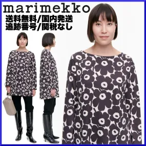 marimekko  |Flower Patterns Boat Neck Long Sleeves Cotton Medium Tunics