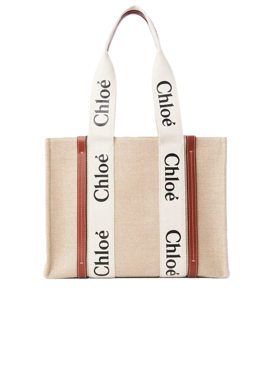 Medium Woody Tote Bag in Linen White/Brown