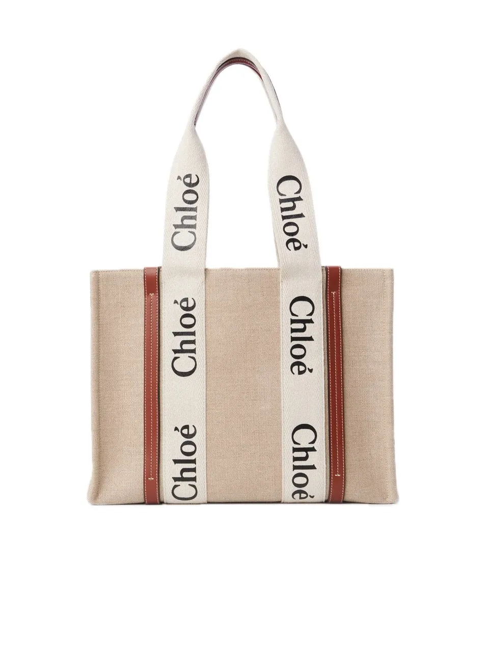 Medium Woody Tote Bag in Linen White/Brown