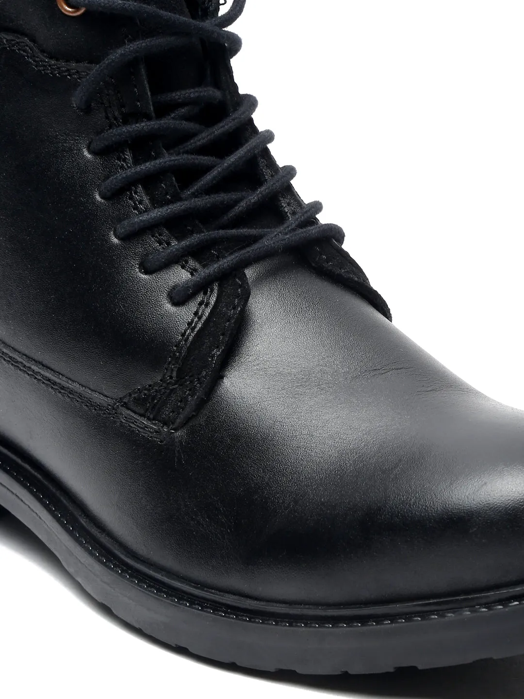 Men Black Solid Leather Mid-Top Boots