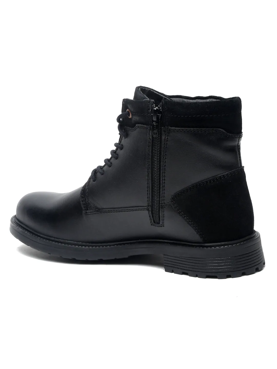 Men Black Solid Leather Mid-Top Boots