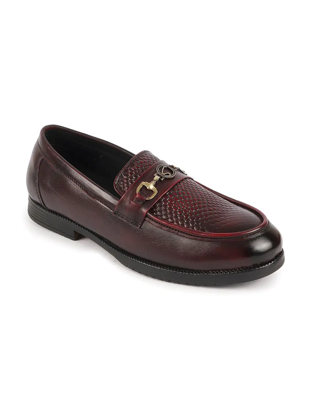 Men Cherry Wedding Party Embossed Design Genuine Leather Buckle Slip On Loafer Shoes