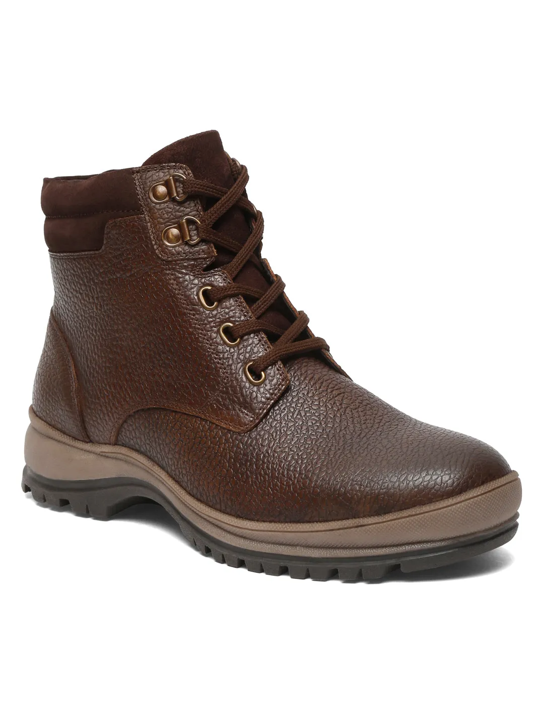 Men Textured Brown Leather Lace-Up Boots