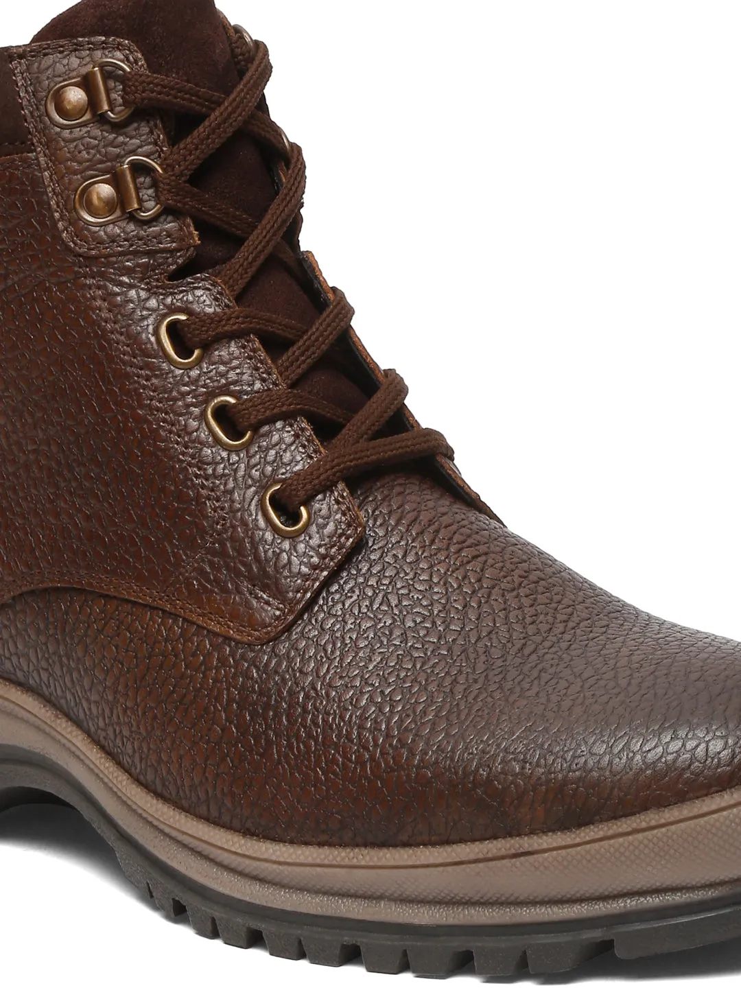 Men Textured Brown Leather Lace-Up Boots