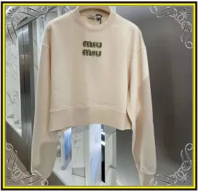 MiuMiu  |Crew Neck Long Sleeves Plain Cotton Logo