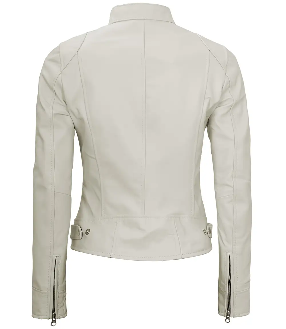 Off White Leather Motorcycle Cafe Racer Jacket for Women