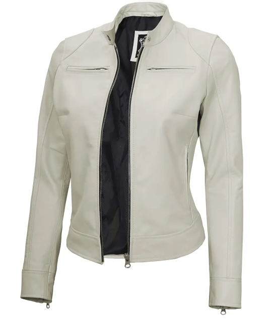 Off White Leather Motorcycle Cafe Racer Jacket for Women