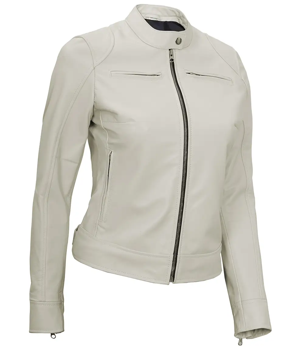 Off White Leather Motorcycle Cafe Racer Jacket for Women