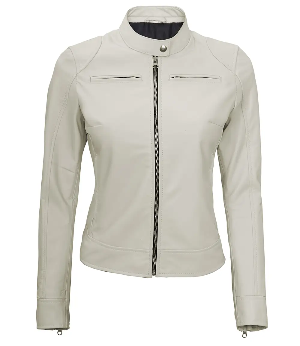 Off White Leather Motorcycle Cafe Racer Jacket for Women