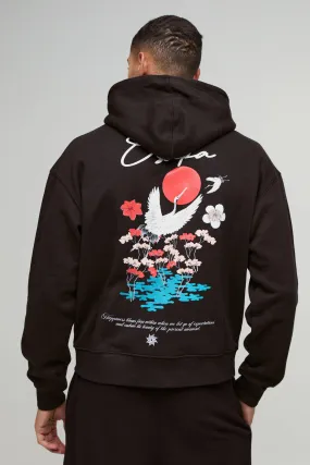 Oversized Boxy Osaka Bird Floral Graphic Zip Through Hoodie