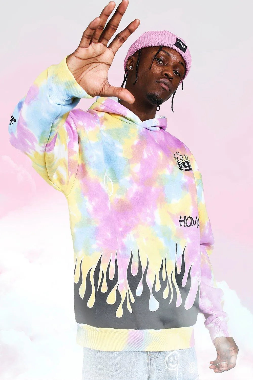 Oversized Flame Print Tie Dye Hoodie | boohooMAN UK