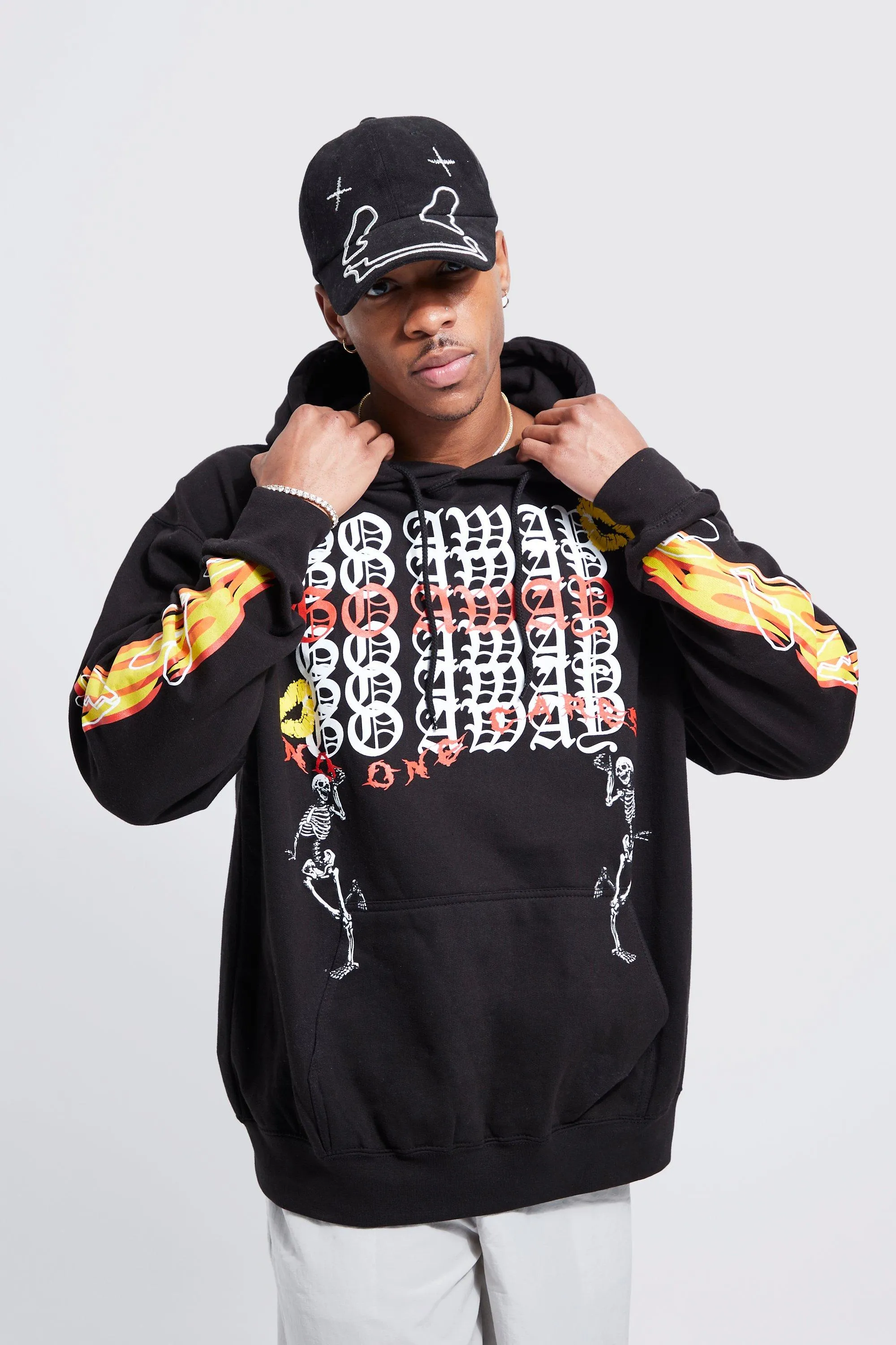 Oversized Gothic Flames Multi Print Hoodie