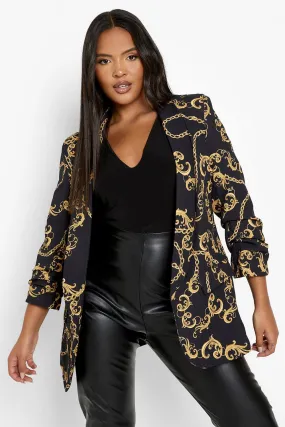 Plus Chain Print Ruched Sleeve Blazer