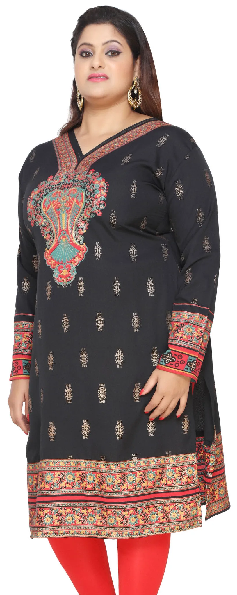 Plus Size Womens Dress Indian Tunics Kurti Long Top (Black)