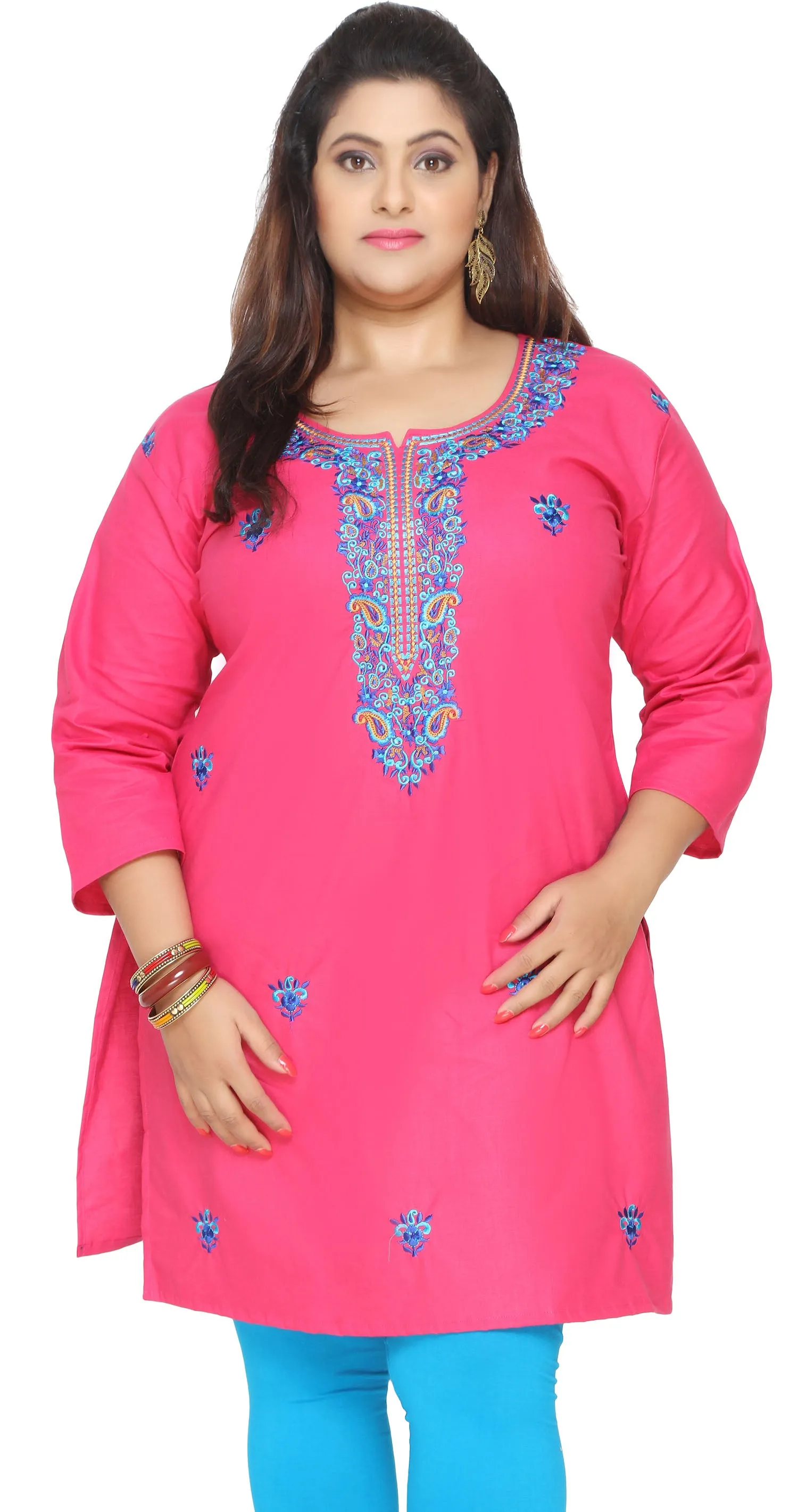 Plus Size Womens Indian Cotton Tunics Kurti Long Top Apparel (Pink)