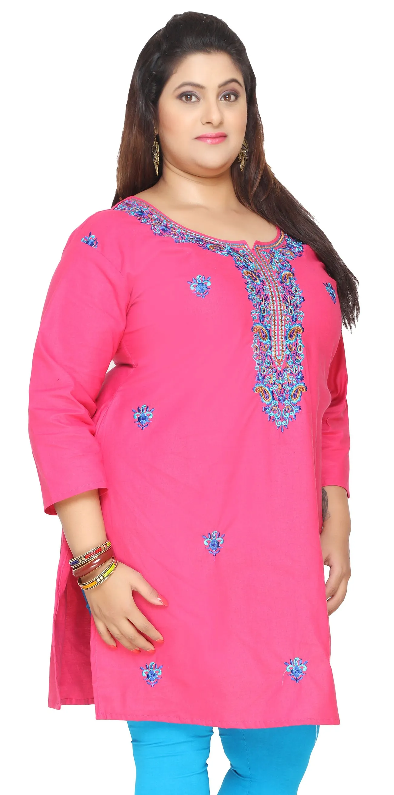 Plus Size Womens Indian Cotton Tunics Kurti Long Top Apparel (Pink)