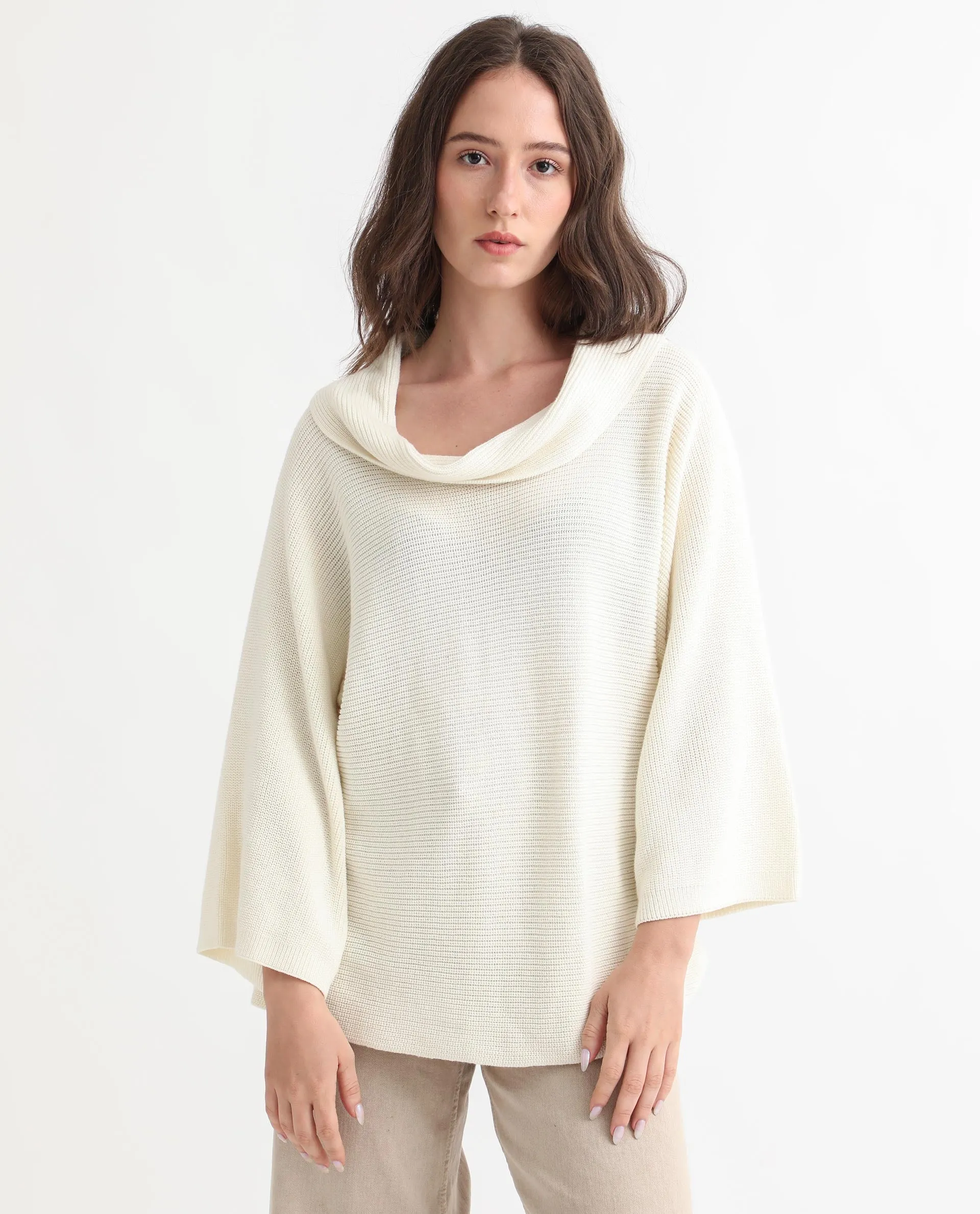 Rareism Women Cleo Off White  3/4Th Sleeves Relaxed Fit Solid Cowl Neck Sweater