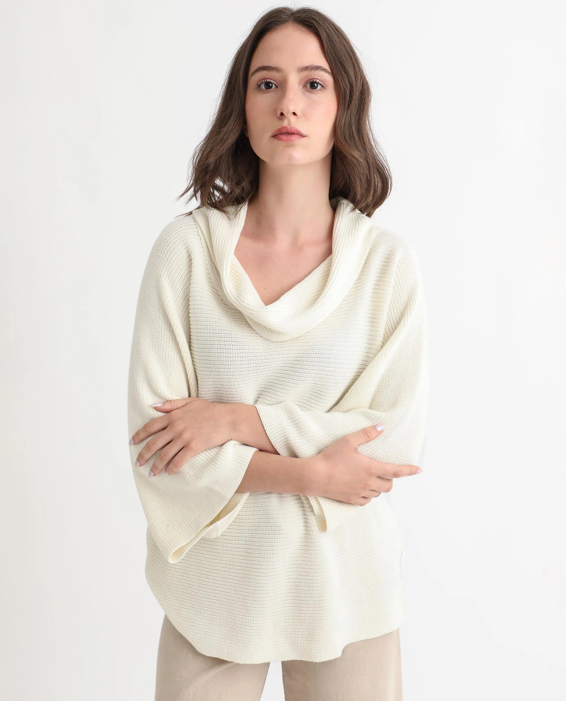 Rareism Women Cleo Off White  3/4Th Sleeves Relaxed Fit Solid Cowl Neck Sweater