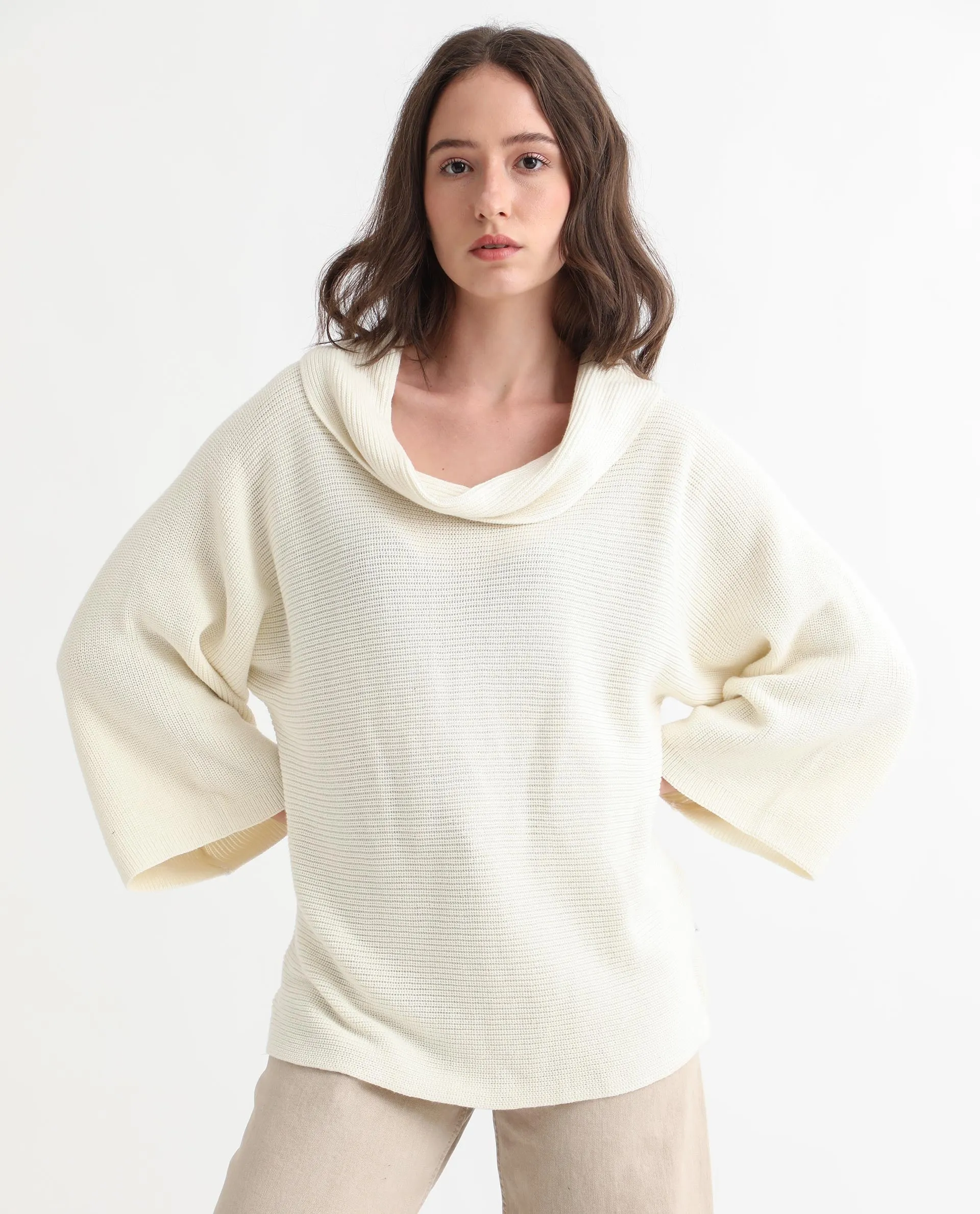 Rareism Women Cleo Off White  3/4Th Sleeves Relaxed Fit Solid Cowl Neck Sweater