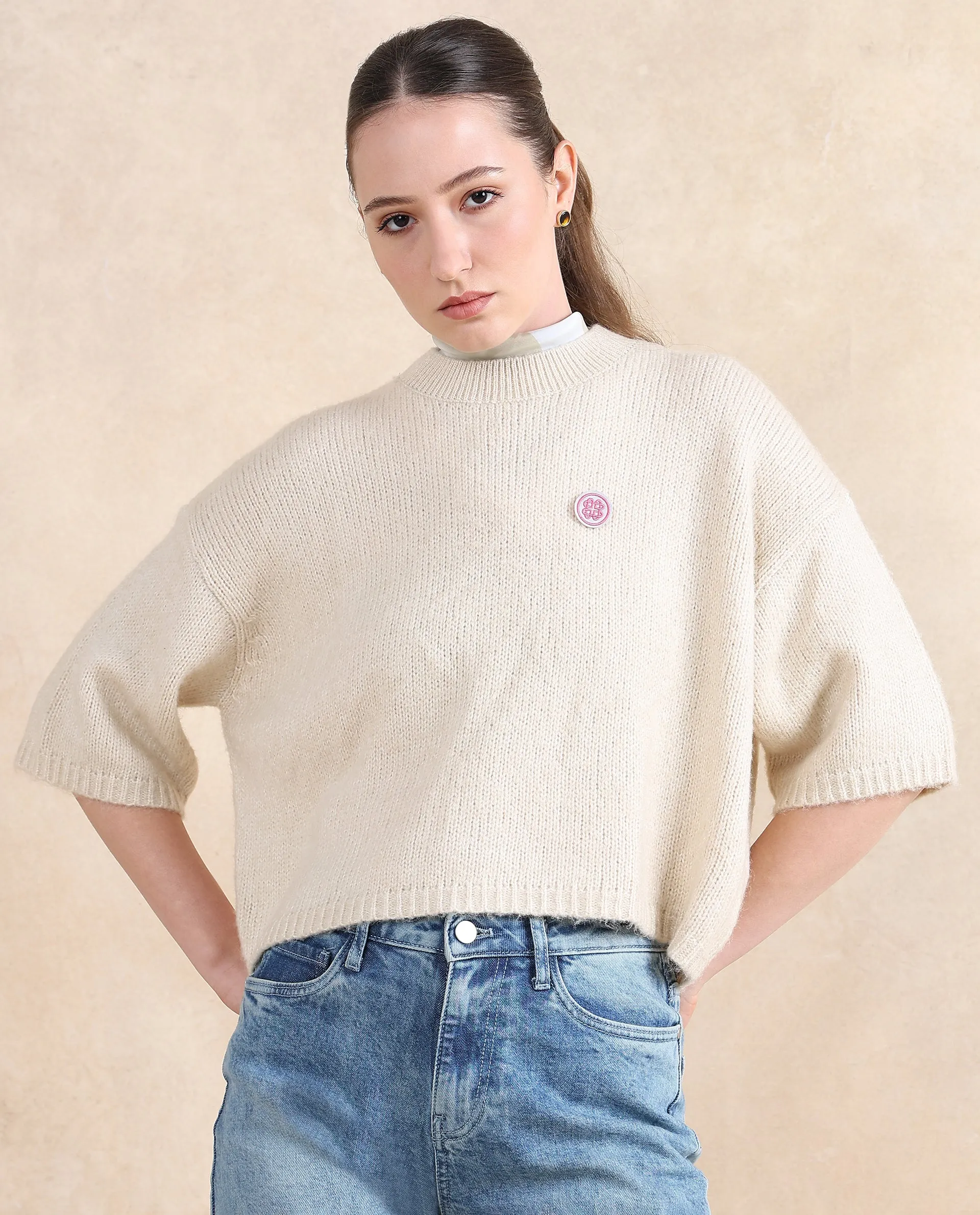 Rareism Women Kenty Light Beige Oversized Fit Plain Sweater