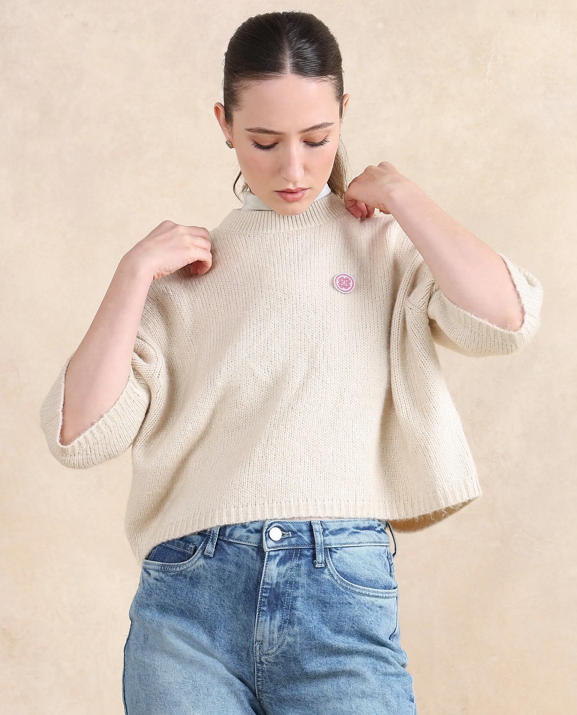 Rareism Women Kenty Light Beige Oversized Fit Plain Sweater