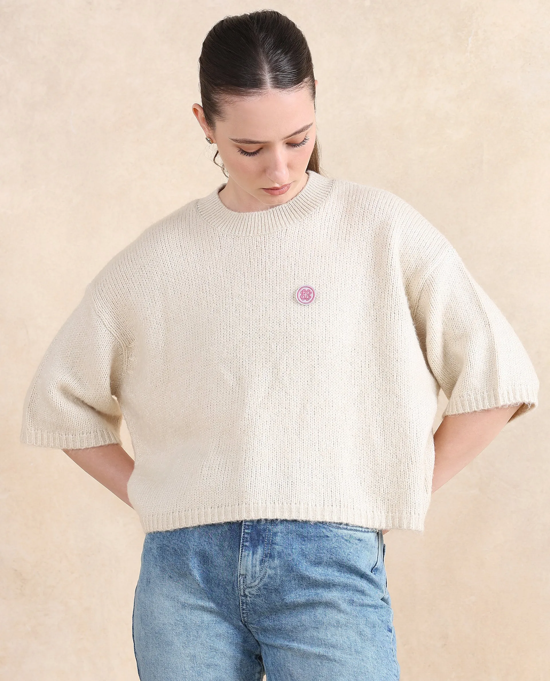 Rareism Women Kenty Light Beige Oversized Fit Plain Sweater