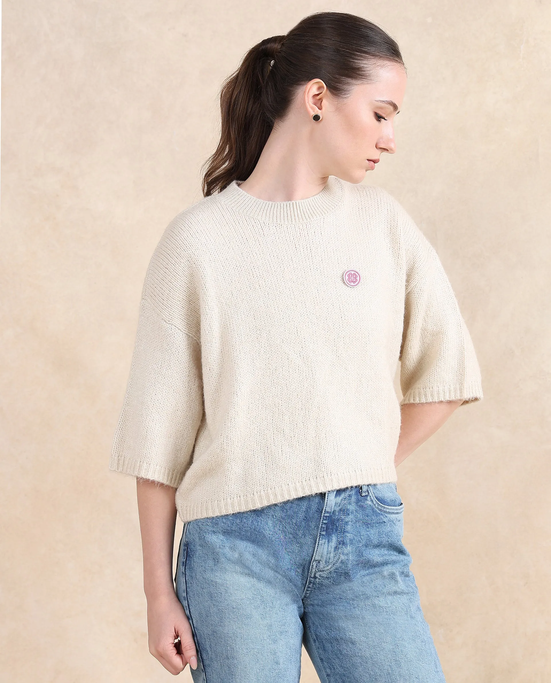 Rareism Women Kenty Light Beige Oversized Fit Plain Sweater