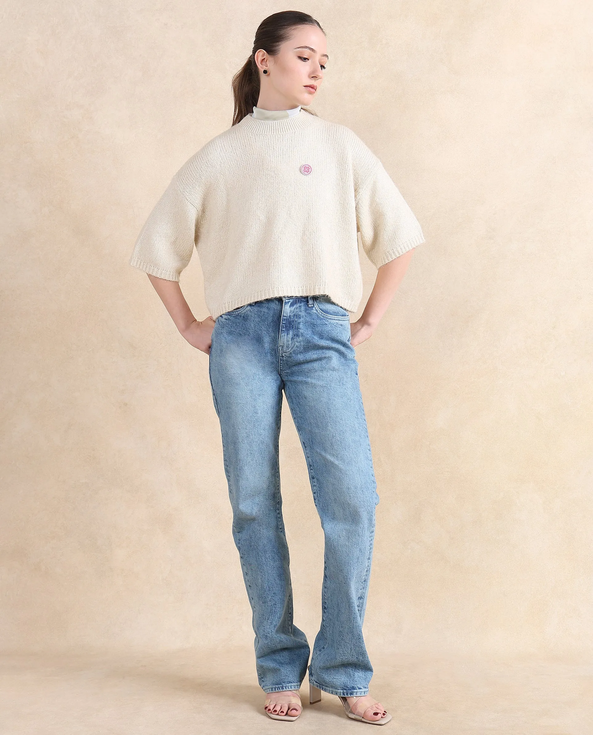 Rareism Women Kenty Light Beige Oversized Fit Plain Sweater