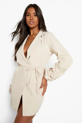 Ruched Sleeve Tie Waist Blazer Dress