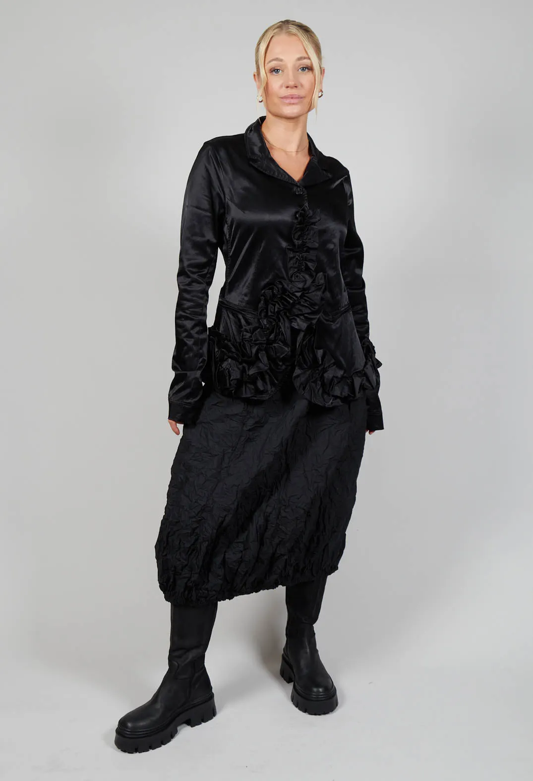 Satin Jacket with Ruffle Detail in Black