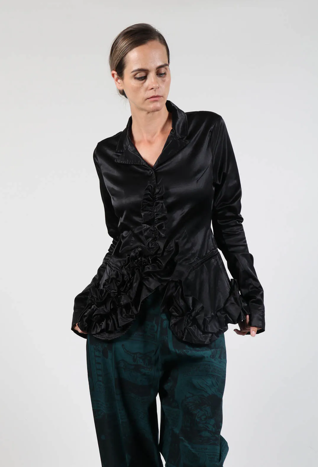 Satin Jacket with Ruffle Detail in Black