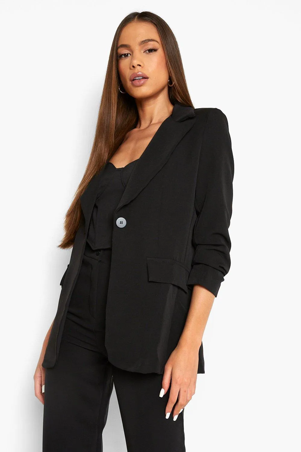 Single Button Front Ruched Sleeve Blazer