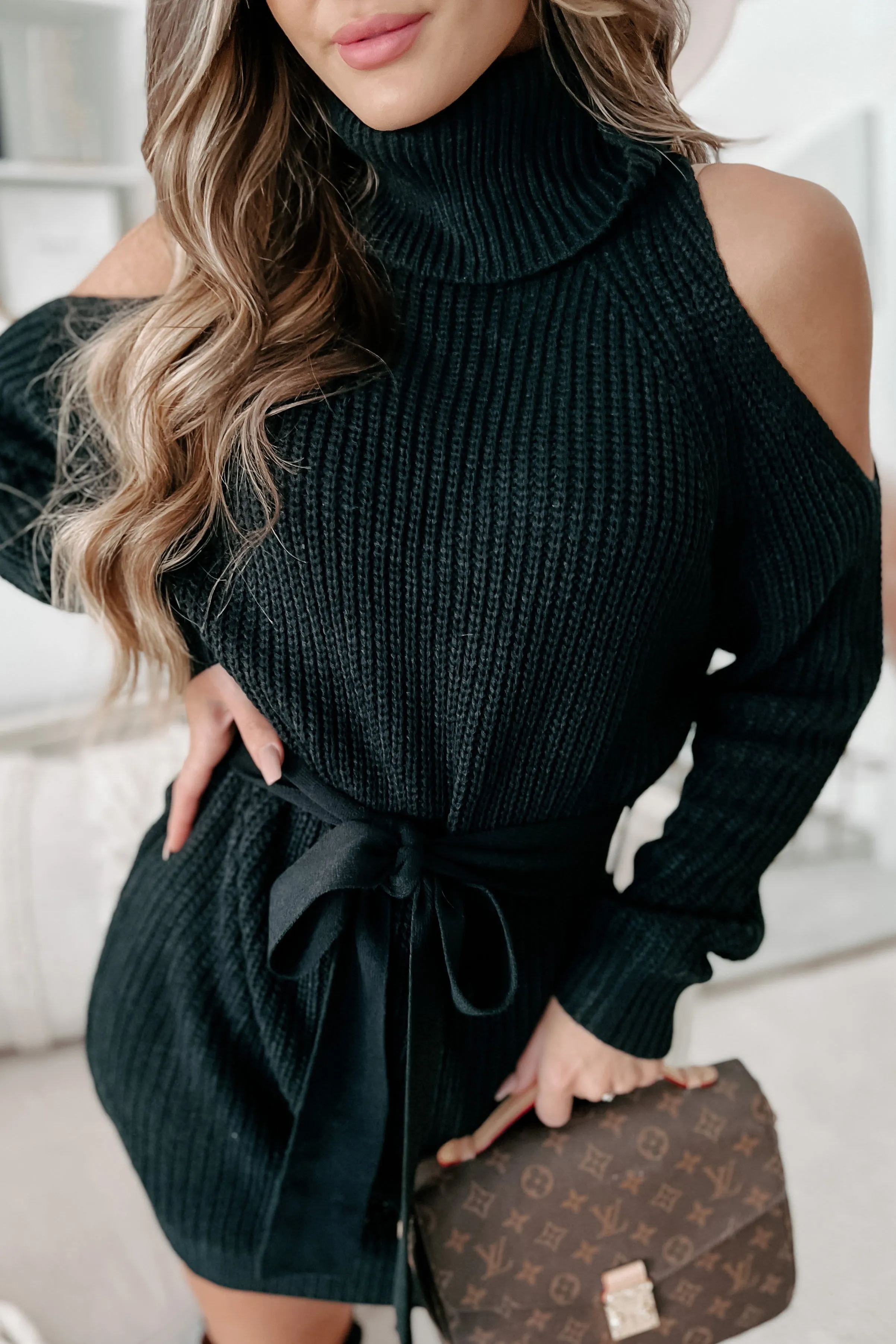 Taking Over My Time Cold Shoulder Sweater Dress (Black)