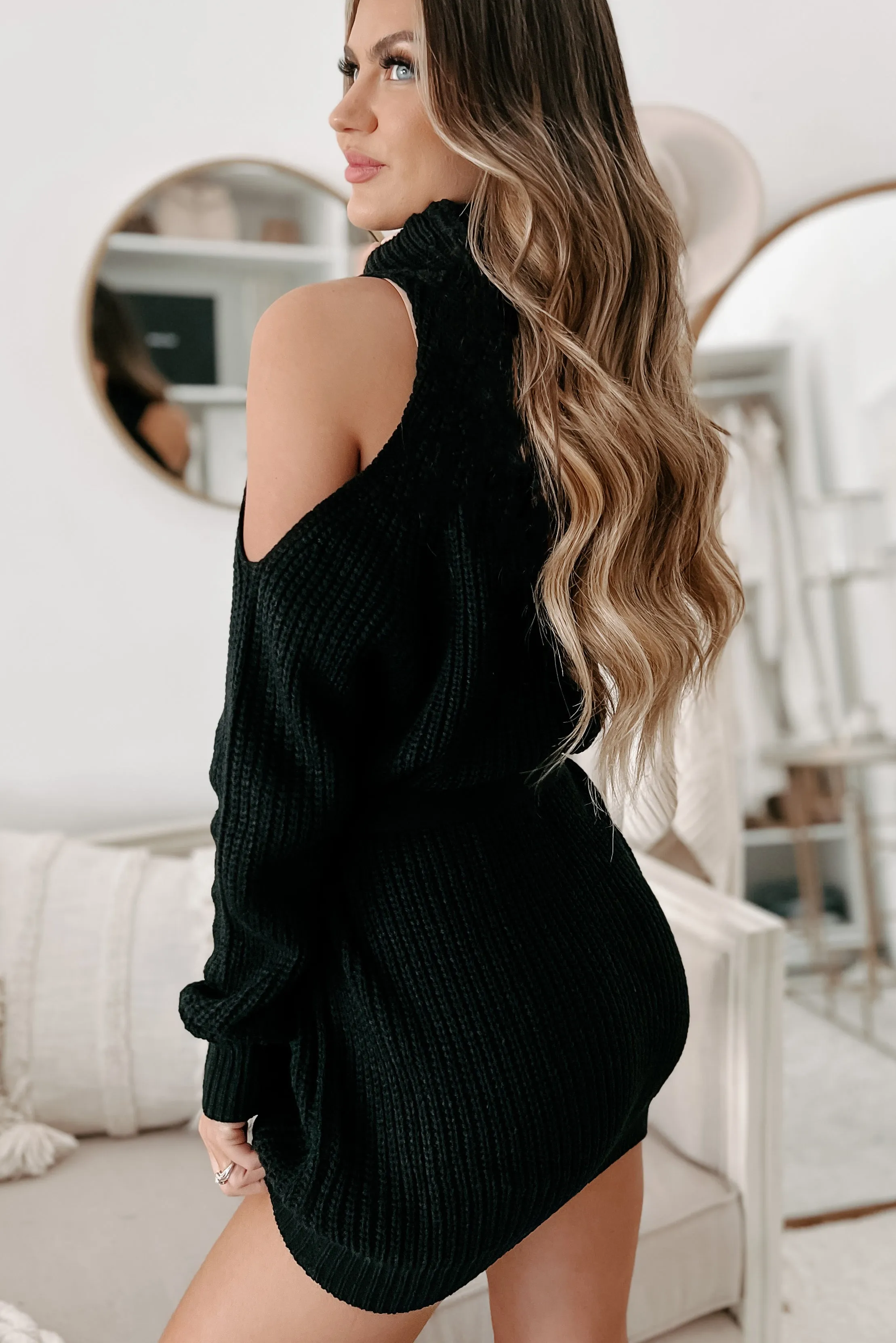 Taking Over My Time Cold Shoulder Sweater Dress (Black)